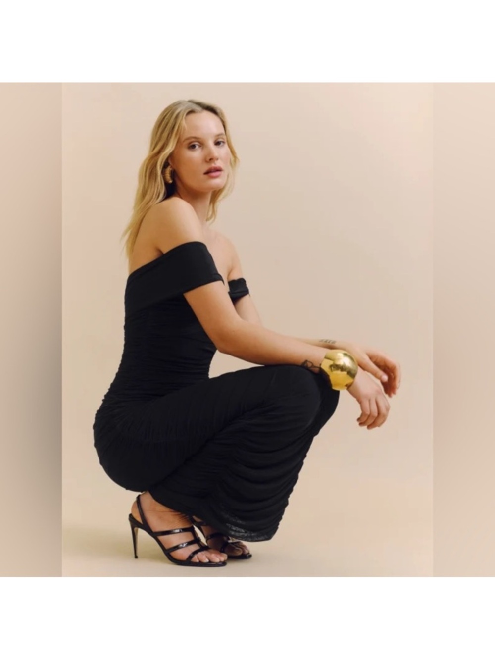 Reformation Ariadne Black Off The Shoulder Ruched Maxi Dress - Picture 2 of 9